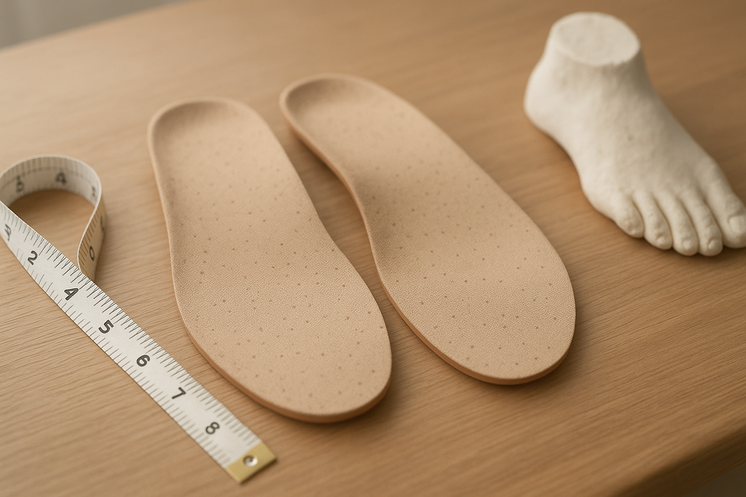 Custom insoles for diabetic foot pain shown beside a foot mold and measuring tape
