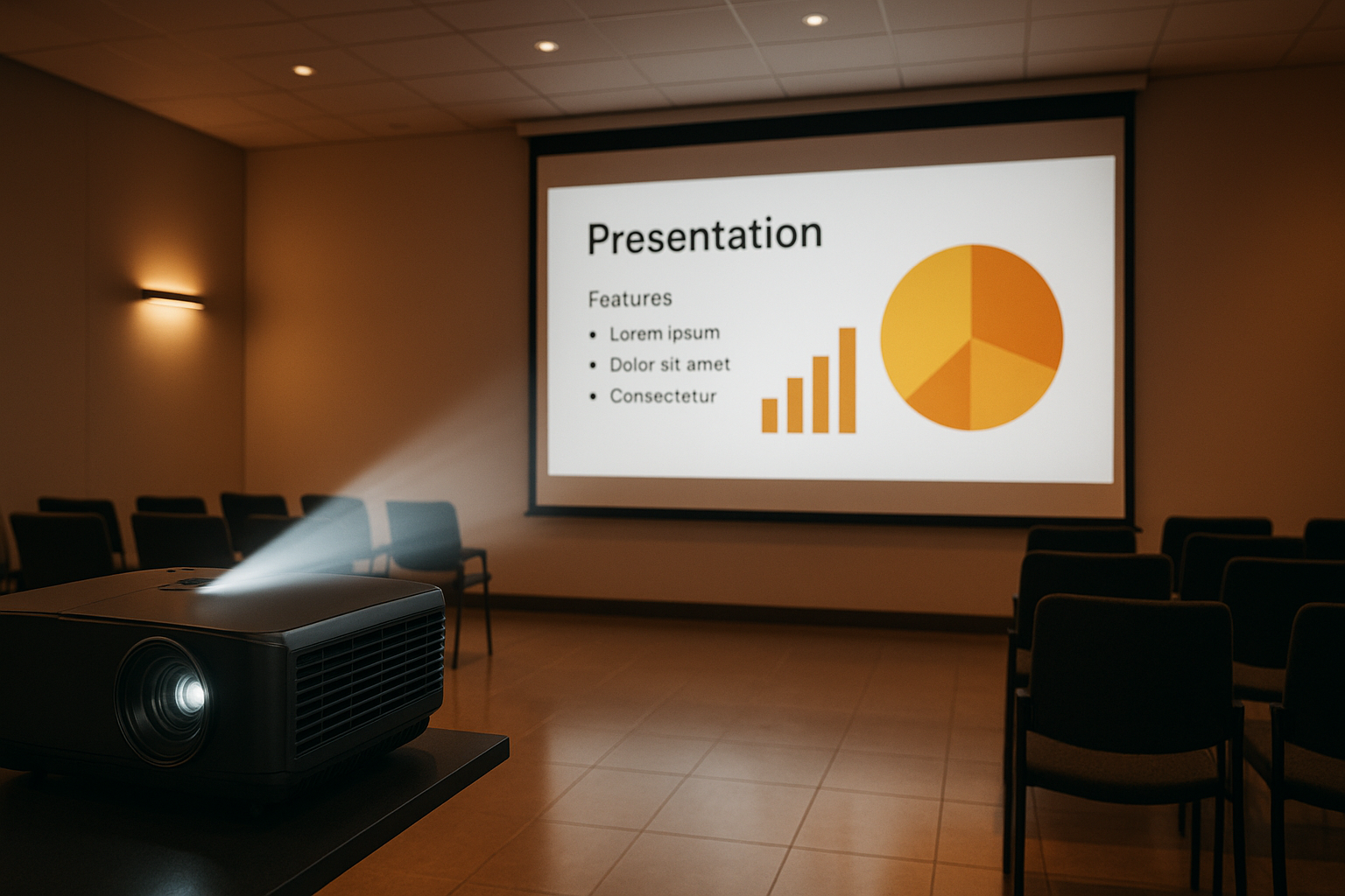 Professional projector rental setup displaying a presentation in a corporate conference room in Evansville IN