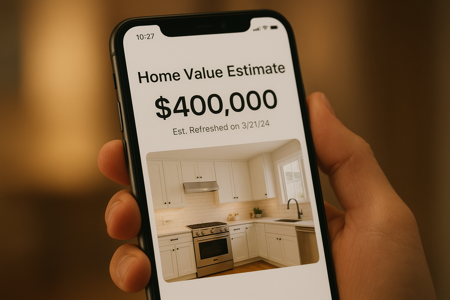 Homeowner viewing a personal home value page on a smartphone to check an updated estimate