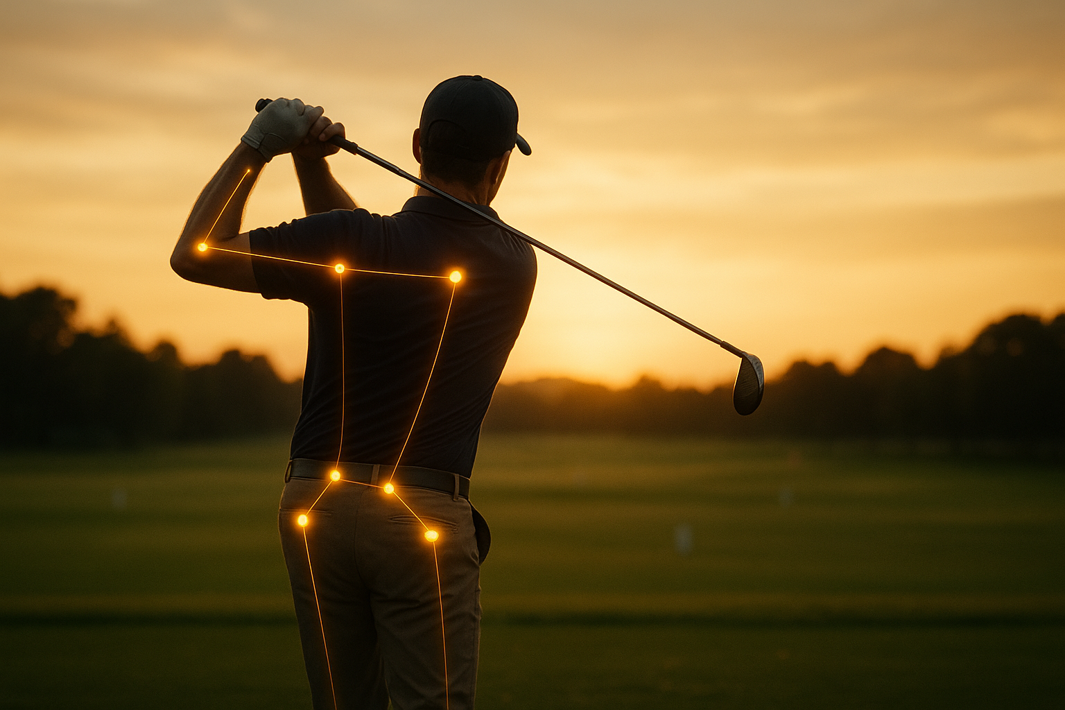Golfer using advanced swing mechanics coaching with biomechanical motion capture analysis overlay