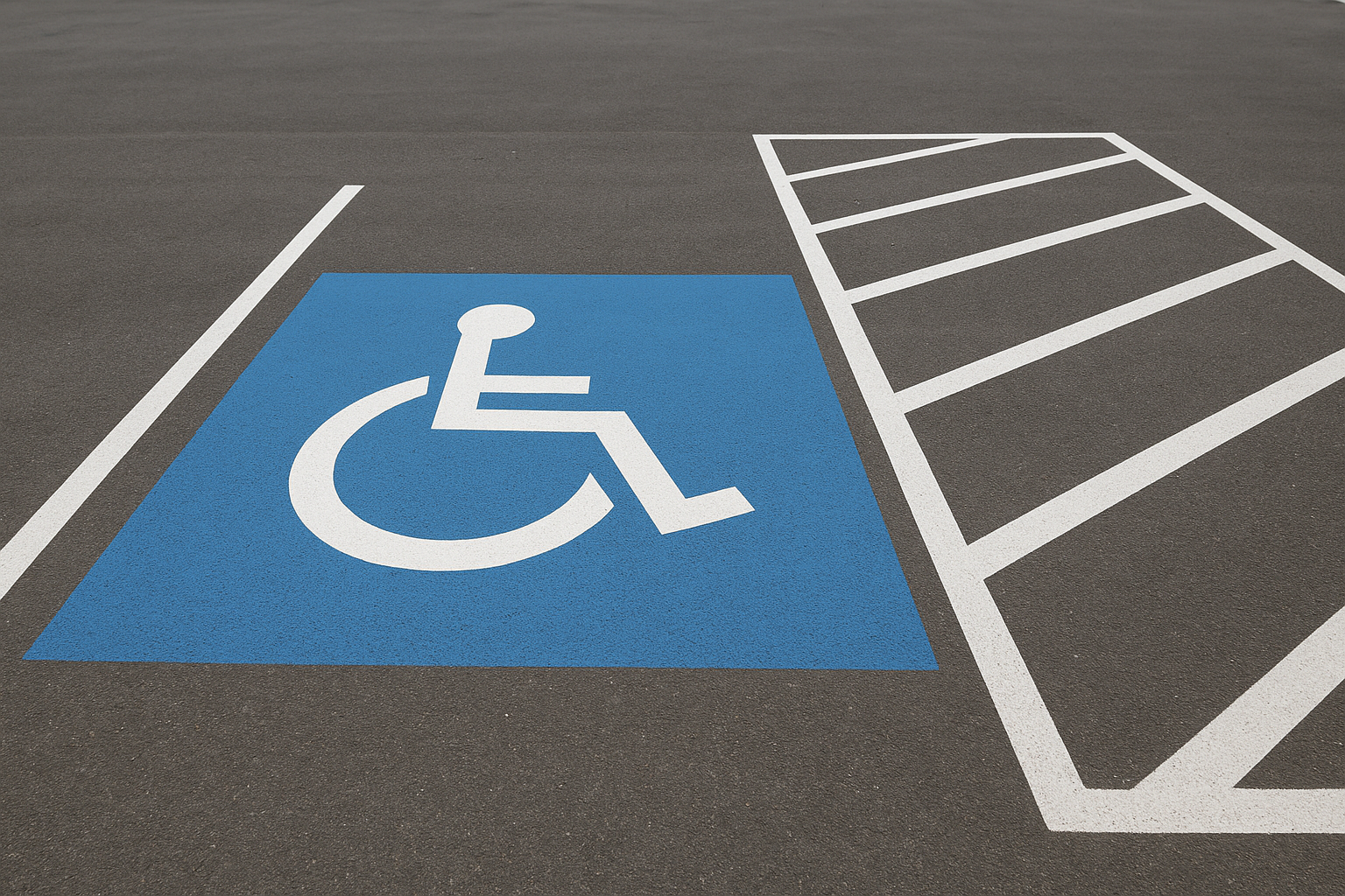 Blue accessible parking space marking with striped van access aisle on commercial pavement
