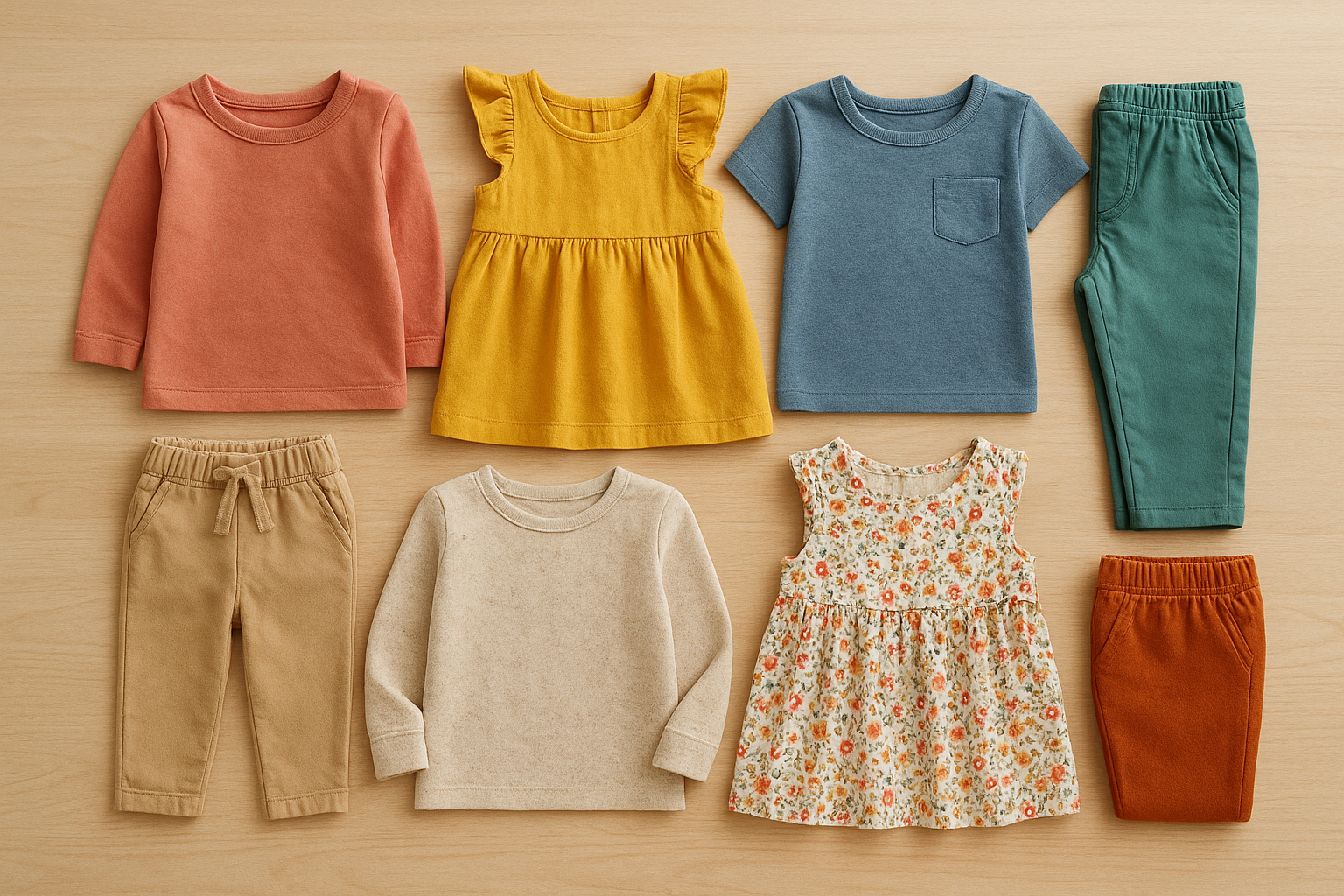 Curated eco-friendly kids clothing rental bundle displayed on a wooden surface