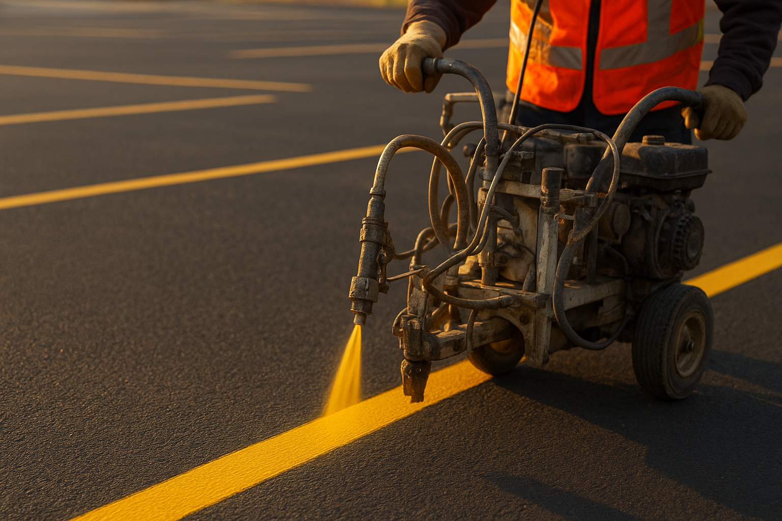 Line striping machine applying fresh yellow paint during a parking lot marking project