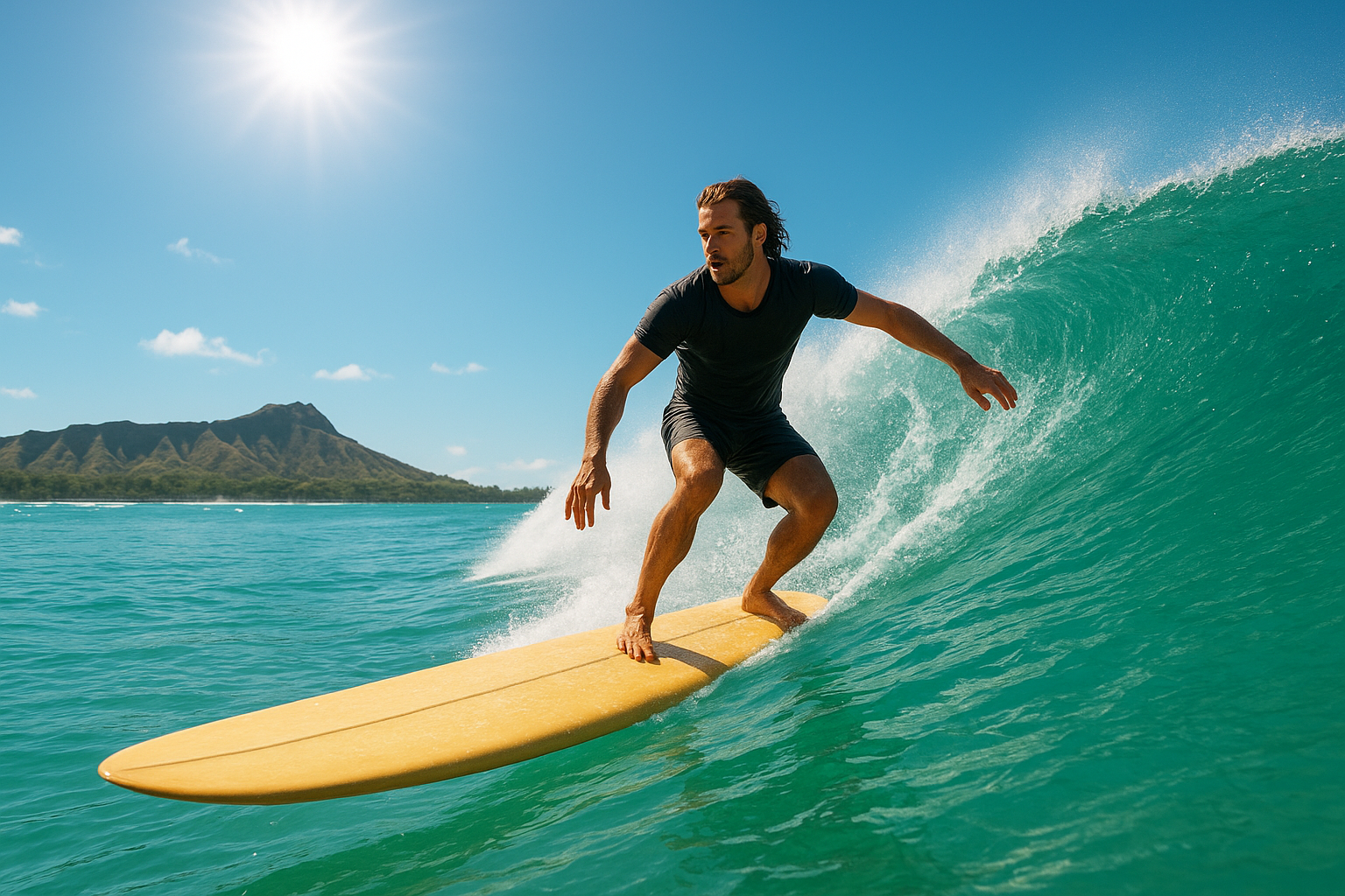 Intermediate surfer riding a green wave during Waikiki surf lessons with Diamond Head in the background