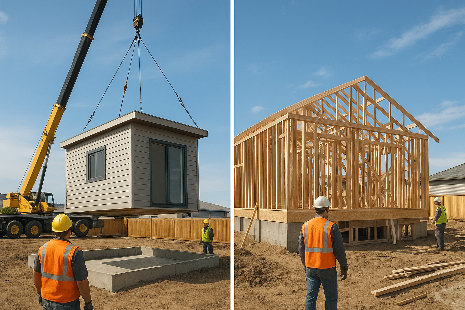 Prefab ADU being installed compared to traditional site-built ADU construction process