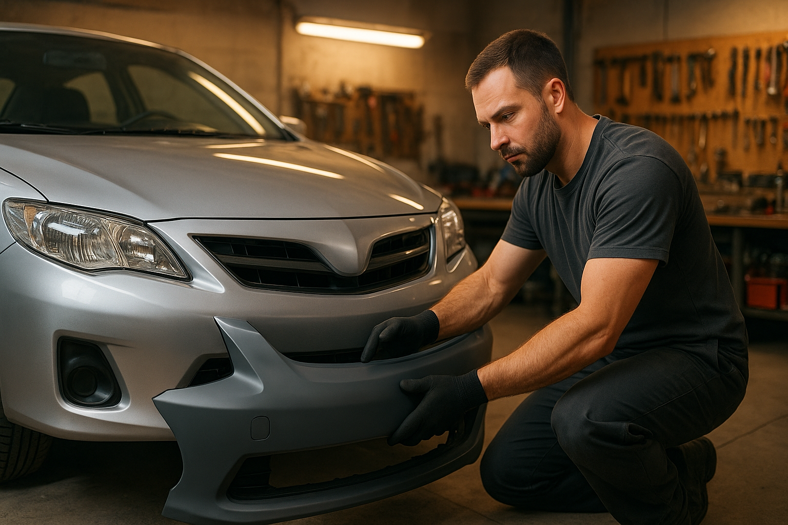 Auto body technician performing aftermarket parts repair on a silver sedan bumper in a professional shop