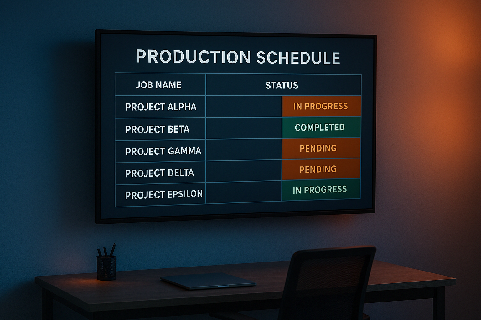 TV job board in a home improvement company office showing production status columns