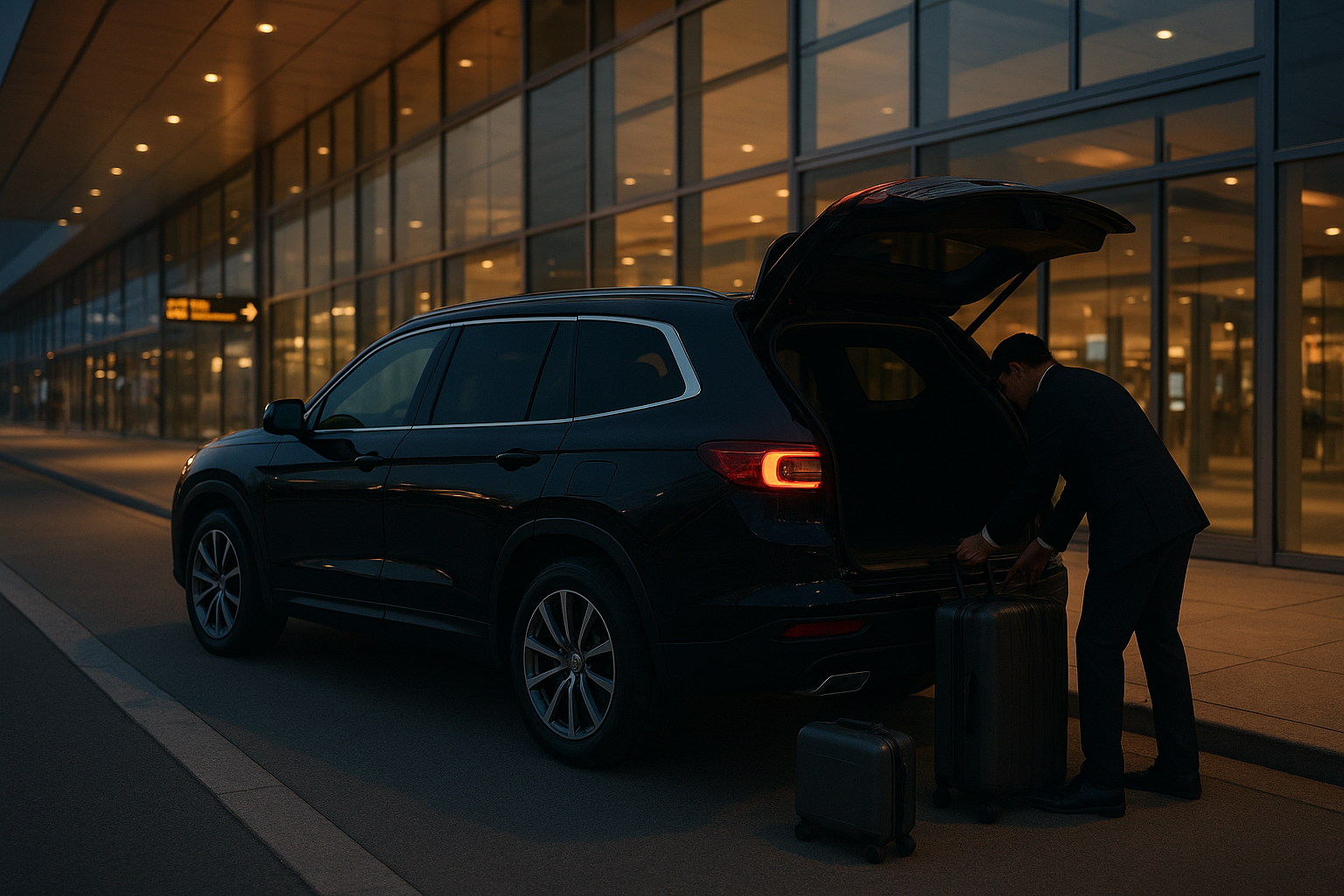 Black SUV providing airport transfer service outside a terminal in Charlotte NC