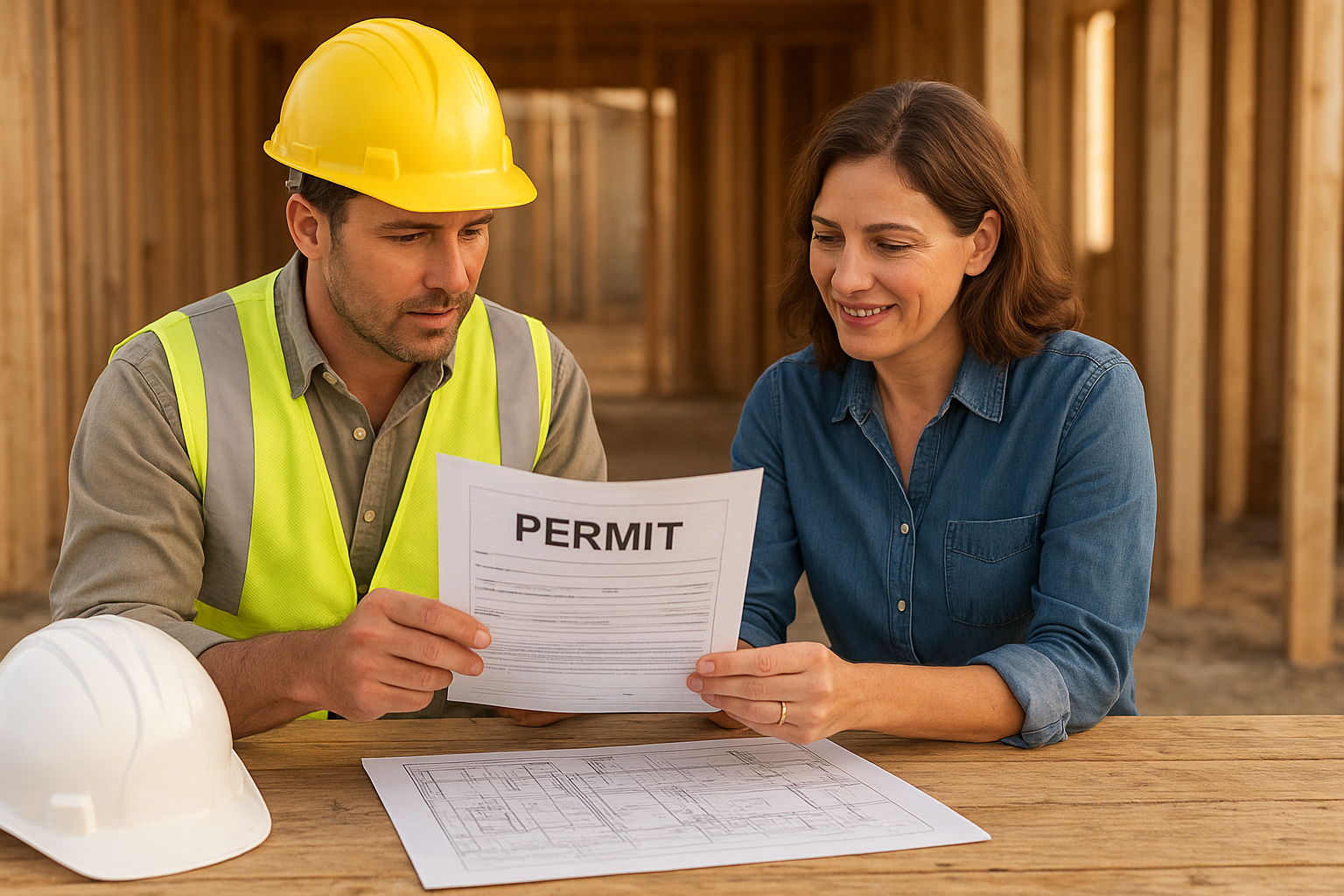 ADU contractors with CSLB license reviewing permit documents with a homeowner