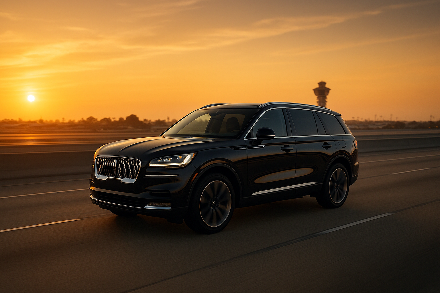 Executive SUV traveling on a Southern California freeway during a riverside to lax car service trip