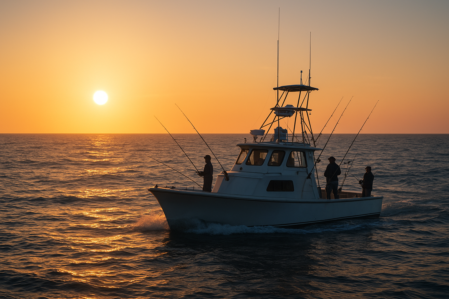 Charter boat heading out for deep sea fishing near me at sunrise off the Carolina coast