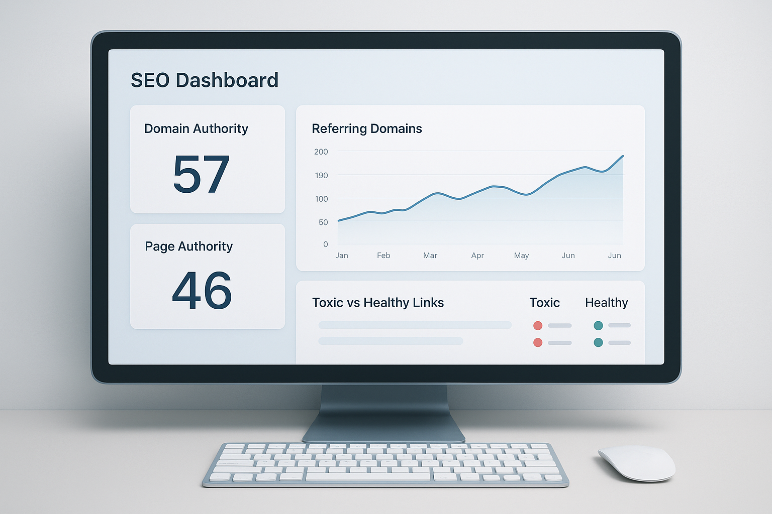 Analysis backlink checker dashboard showing domain authority and referring domains graph