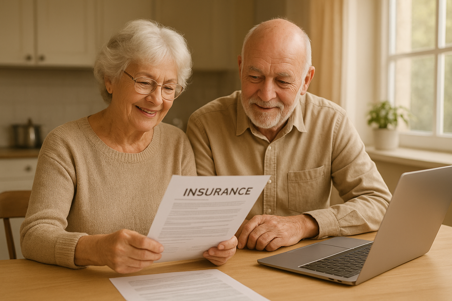 Senior couple comparing anthem medicare advantage plans at home with paperwork and laptop