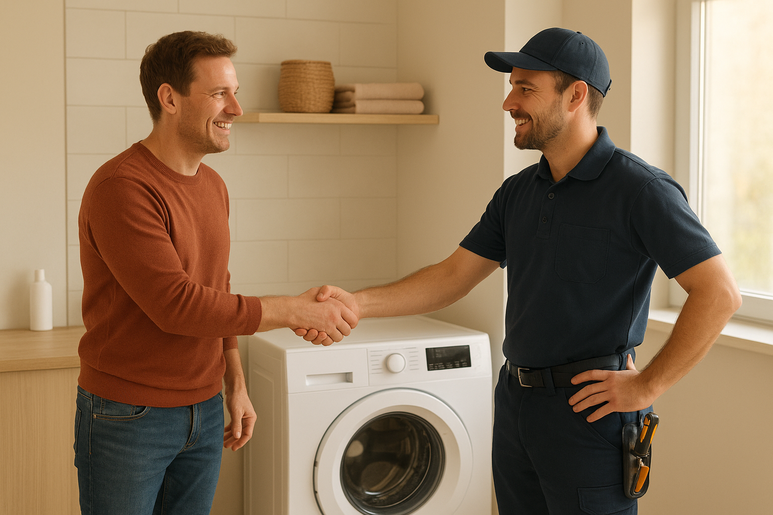 Homeowner thanking a washer dryer repairman after a successful appliance repair in Santa Rosa