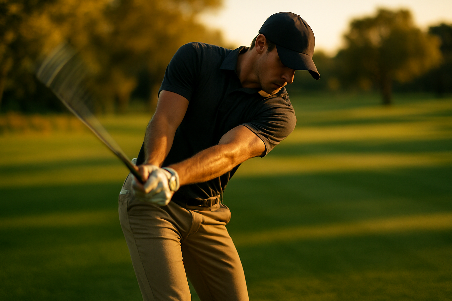 Close-up of a golfer's downswing position demonstrating proper spine angle and balance