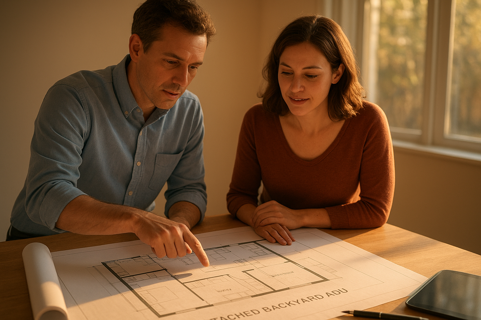 Architect and homeowner reviewing detached ADU floor plans during permit coordination