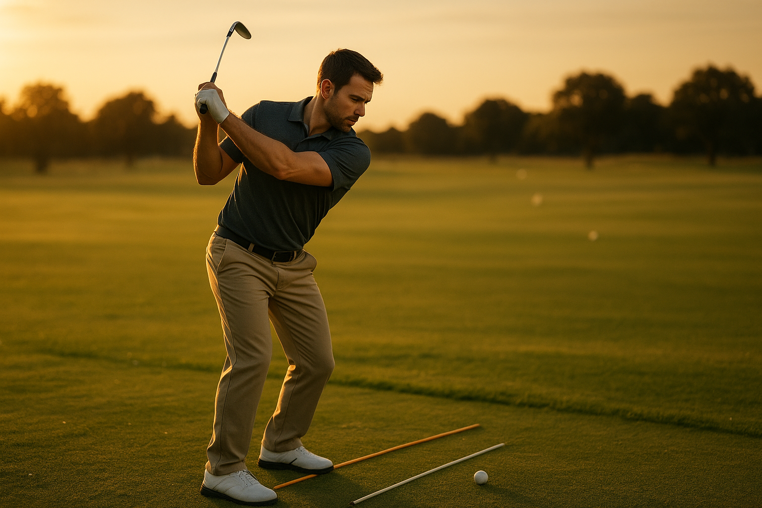 Golfer practicing swing mechanics as part of a golf training routine at sunset