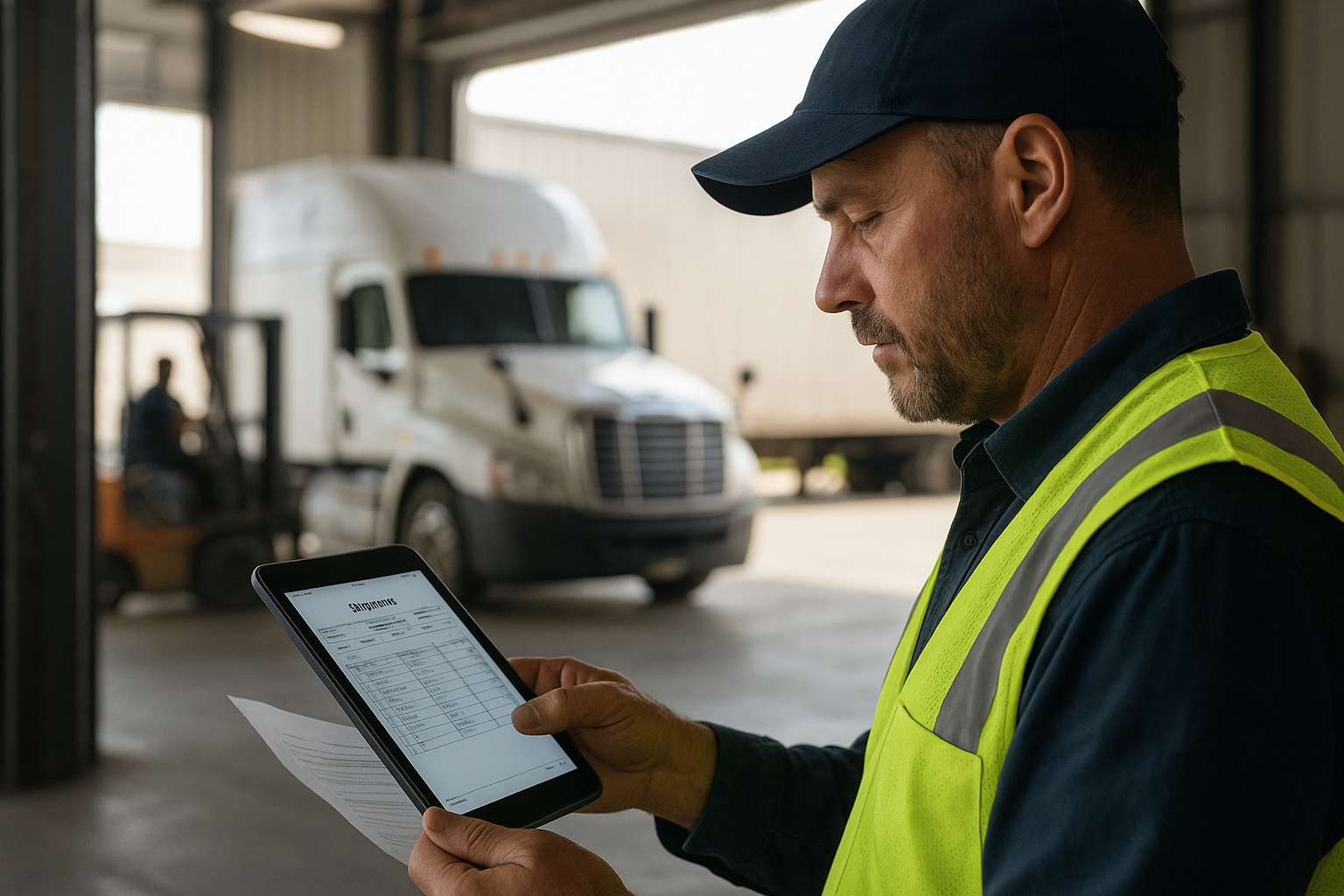 Carrier driver reviewing freight paperwork at a warehouse dock near Amazon fulfillment center