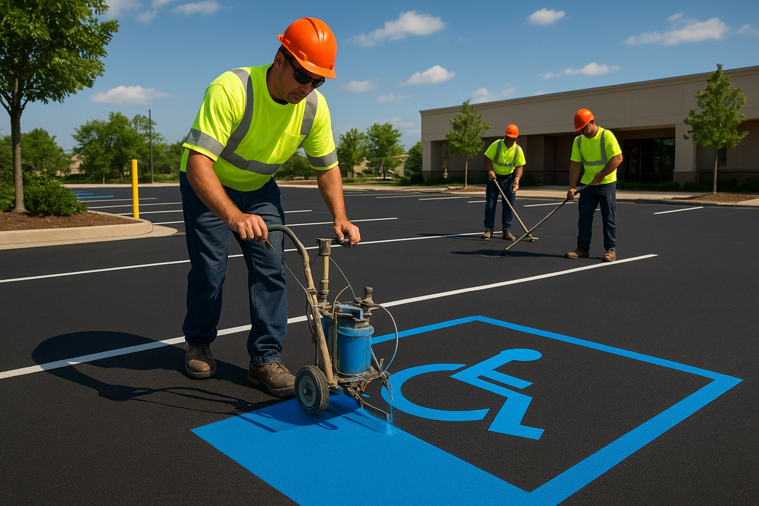 Local ADA striping experts painting a handicap accessible parking space in Texas