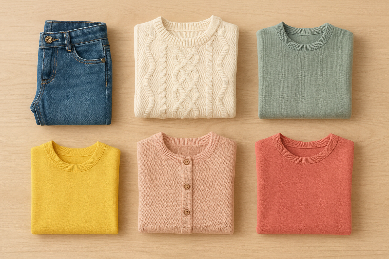 Premium children's apparel items laid out flat, representing a curated kids clothing subscription bundle