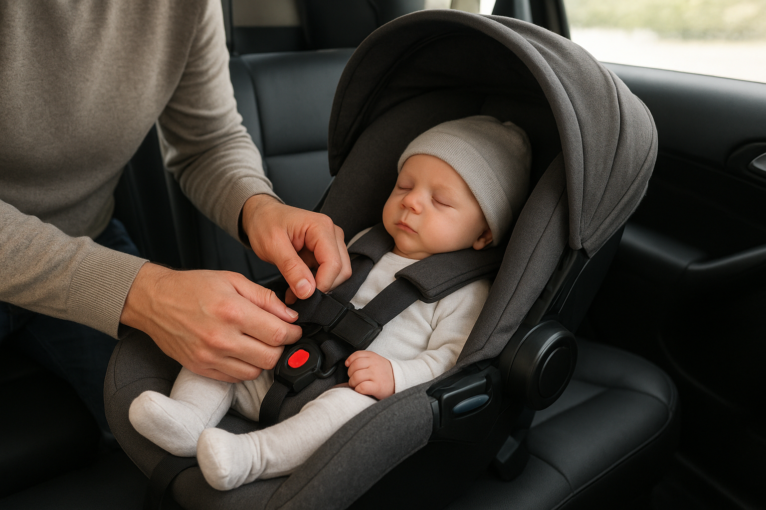 Parent installing a certified car seat as part of essential child safety products