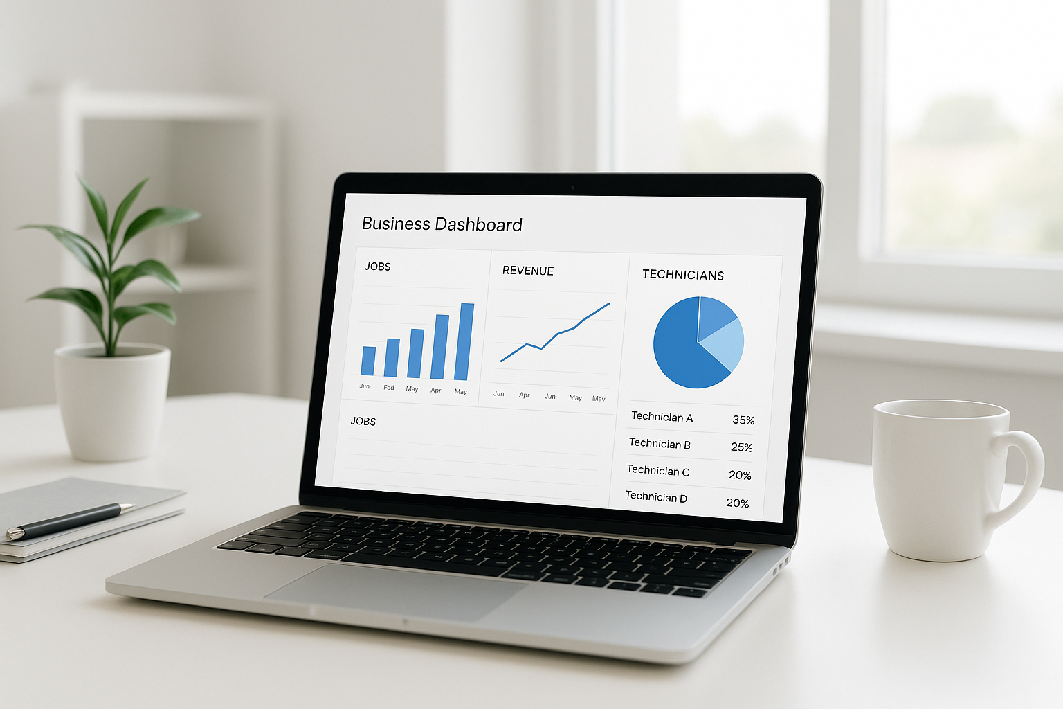 Operational dashboard on a laptop displaying job revenue and technician performance metrics for a home service business