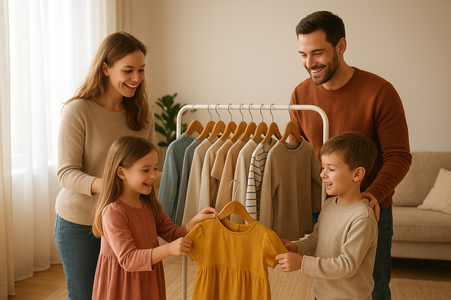 Parents sorting a rotating wardrobe from a family-oriented clothing rental service