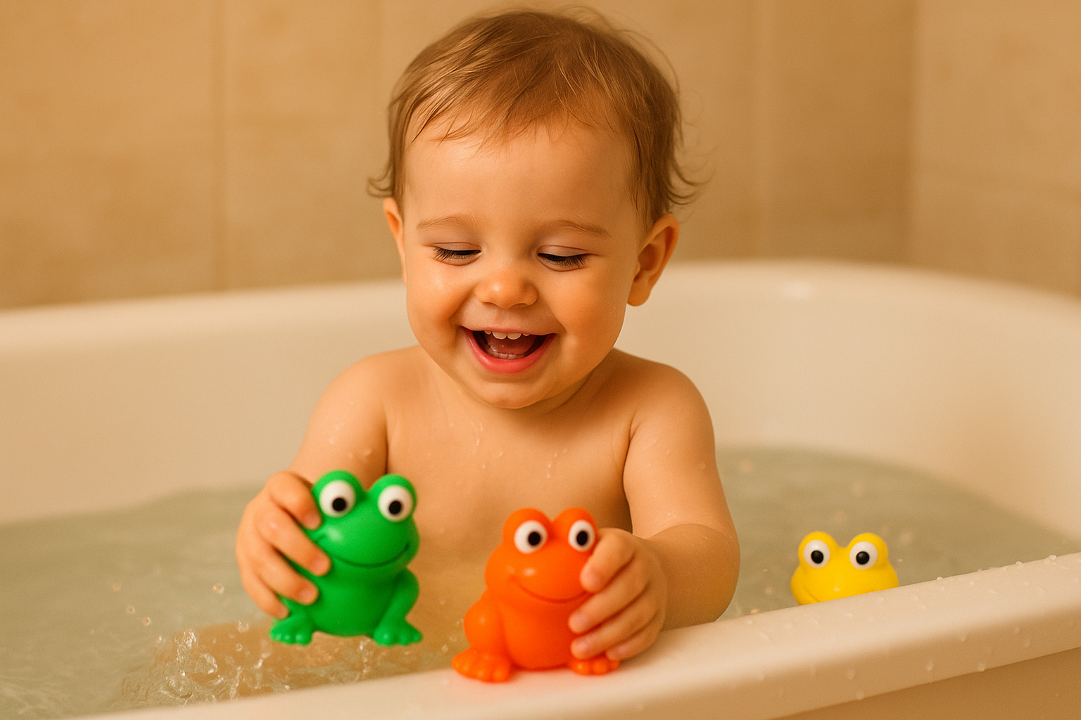 A toddler playing with colorful soft frog bath toys in a bathtub, a safe and fun choice among the best baby toys for toddlers
