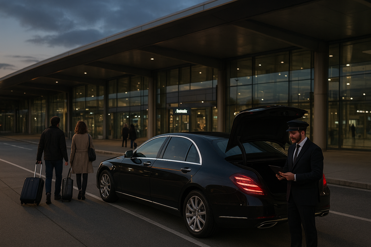 Private car pickup outside an airport terminal for point to point transportation