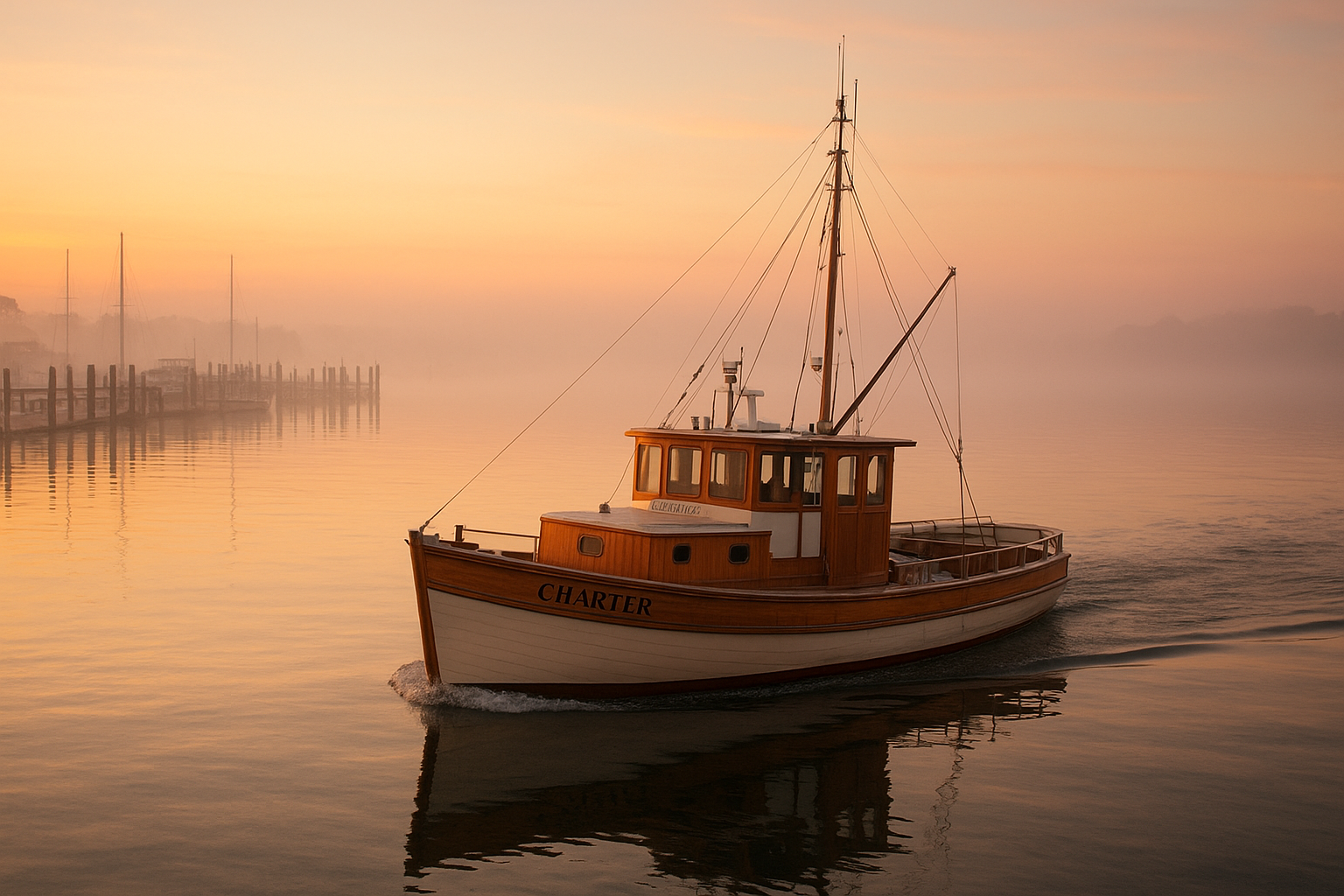 Charter boat leaving the dock at sunrise for Myrtle Beach early morning fishing charters