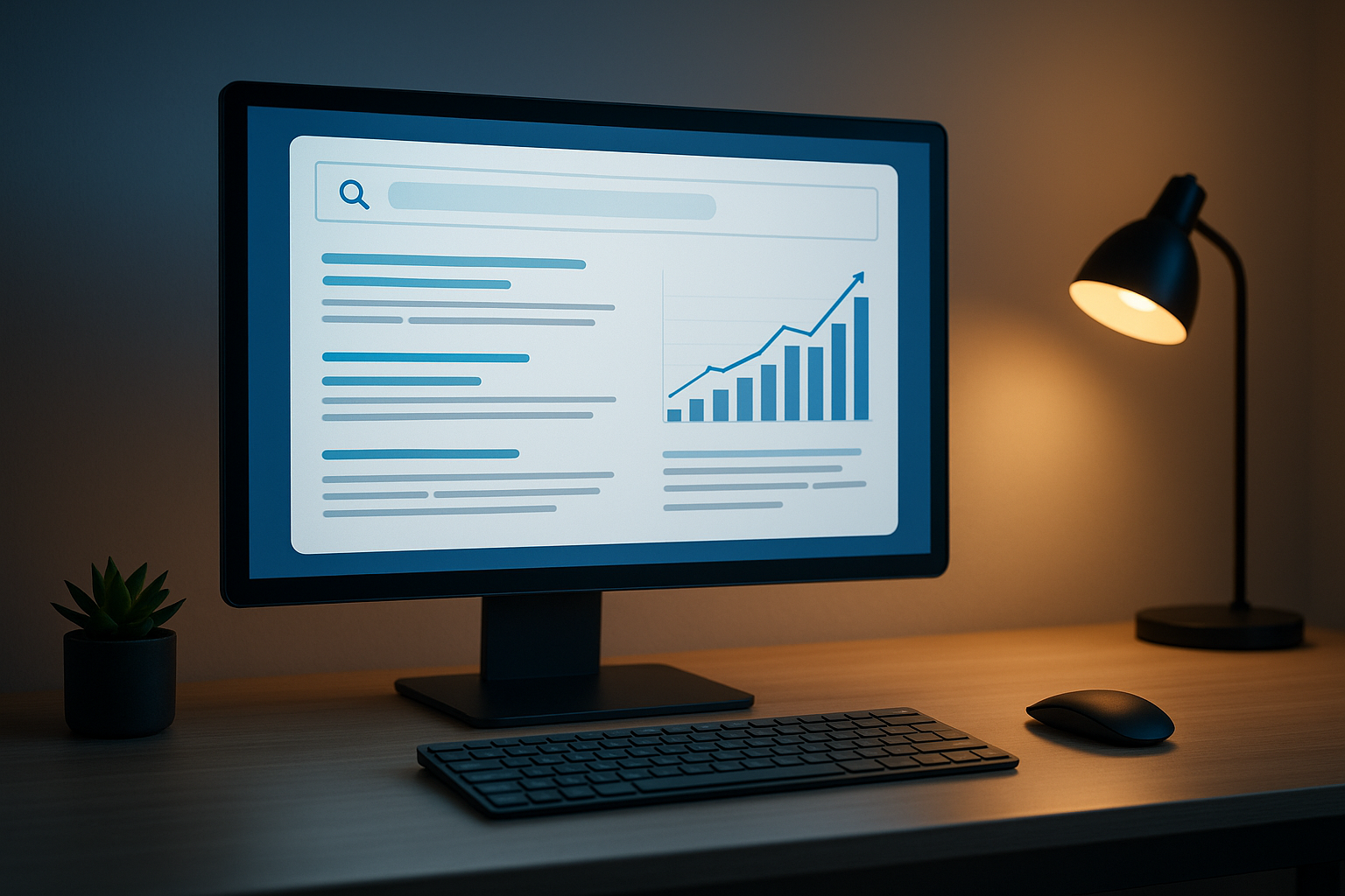 AI content writing for SEO displayed on a modern monitor with keyword analysis and ranking charts