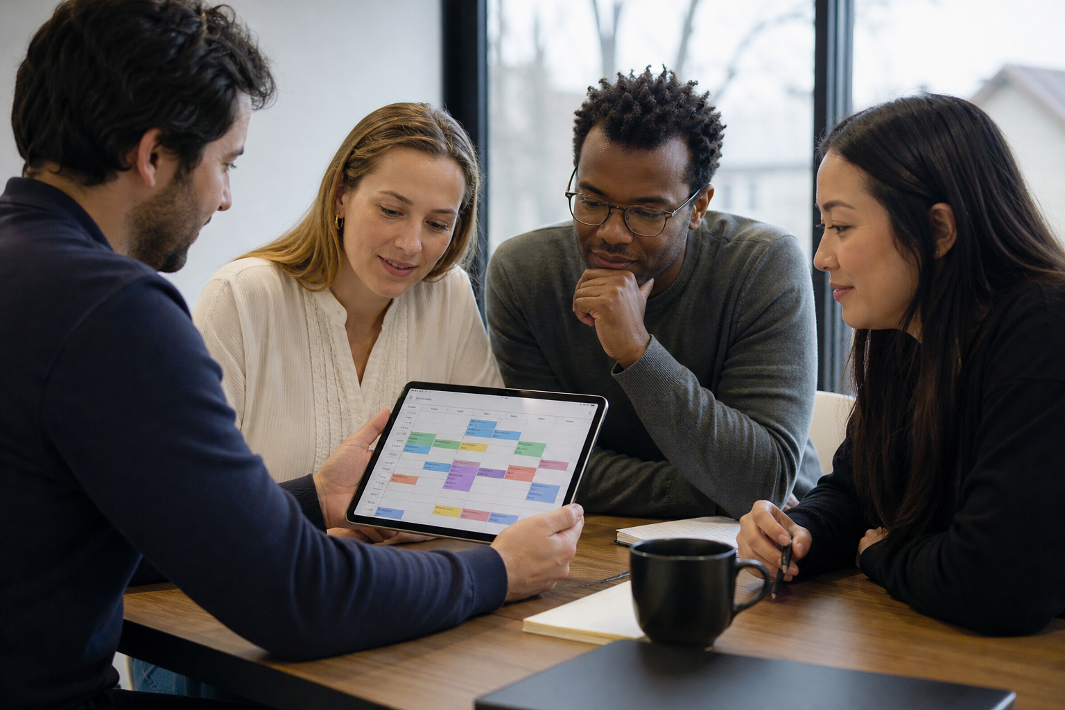 Small business team reviewing a shared schedule on a tablet during a meeting