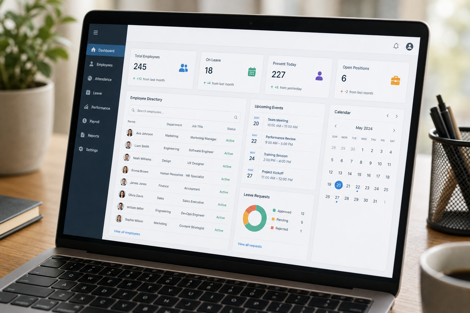 Laptop screen showing an HR management dashboard used by a growing mid-sized company