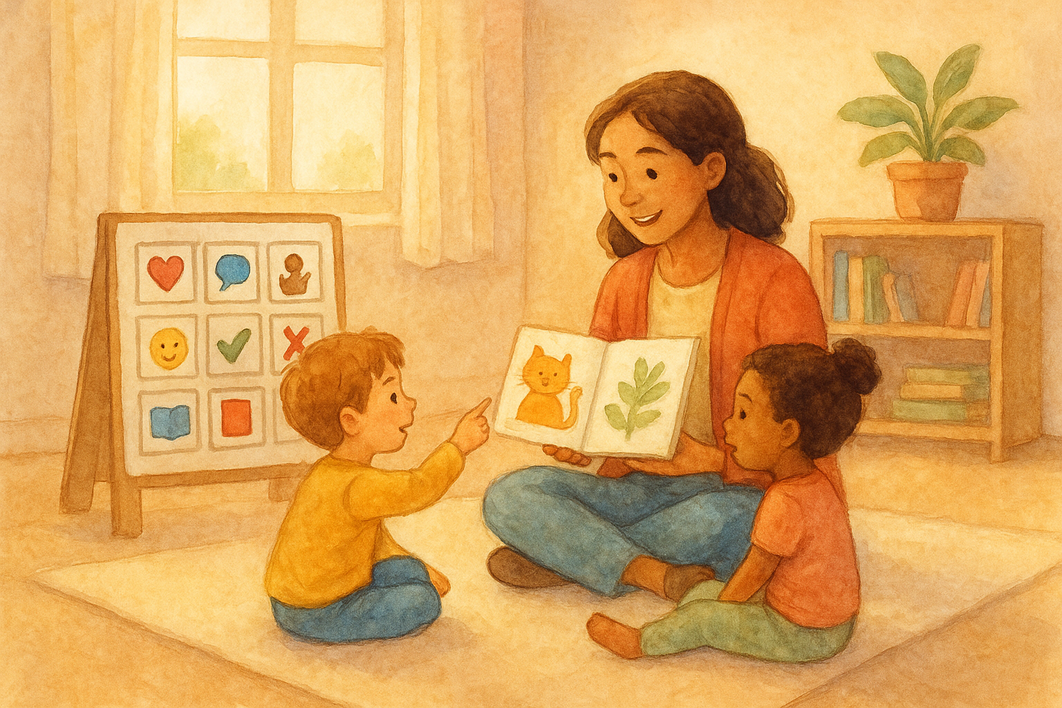 Speech-language pathologist reading a short Core Story to model a core word during a therapy session