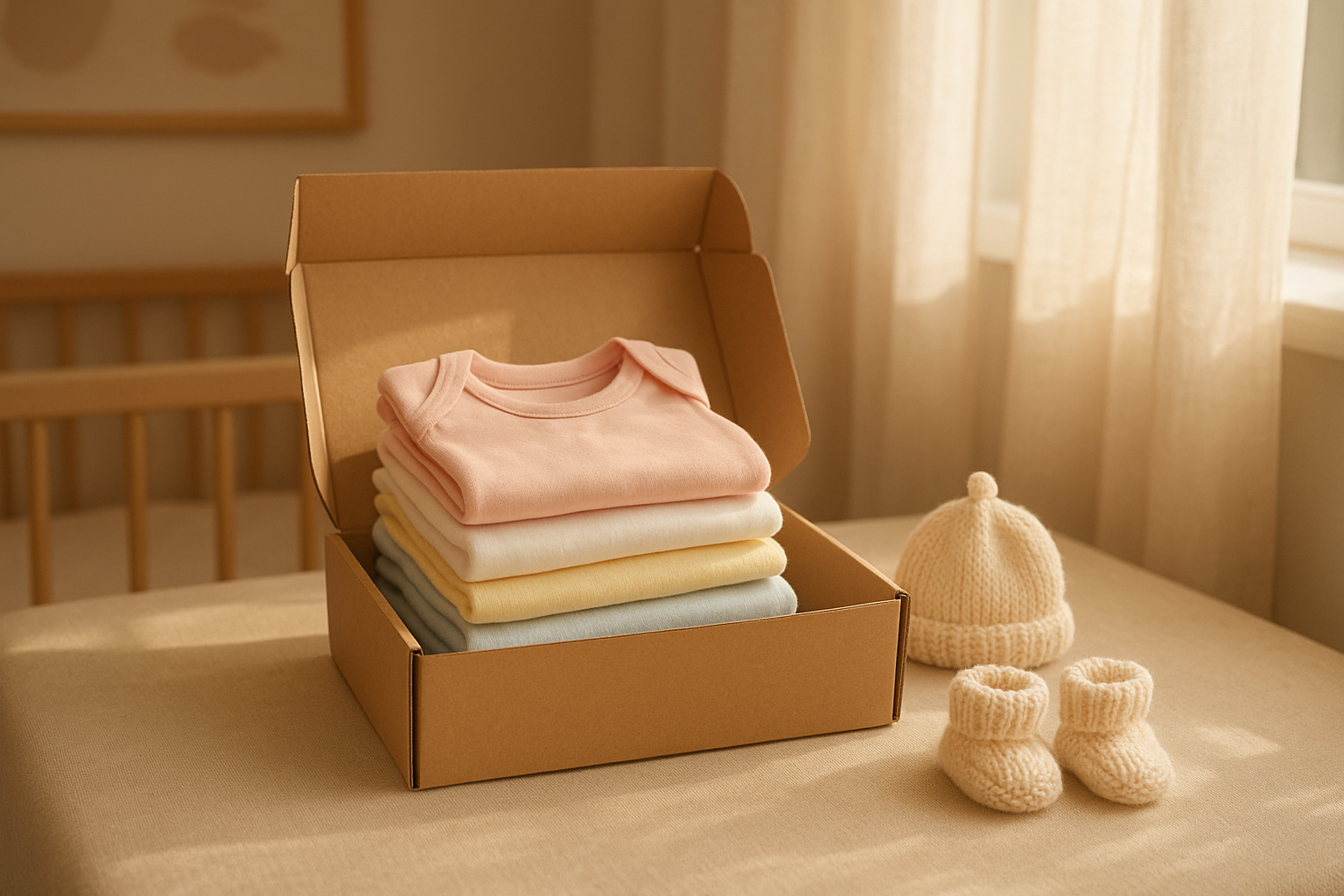 Folded baby garments delivered by a newborn clothes rental service in a shipping box