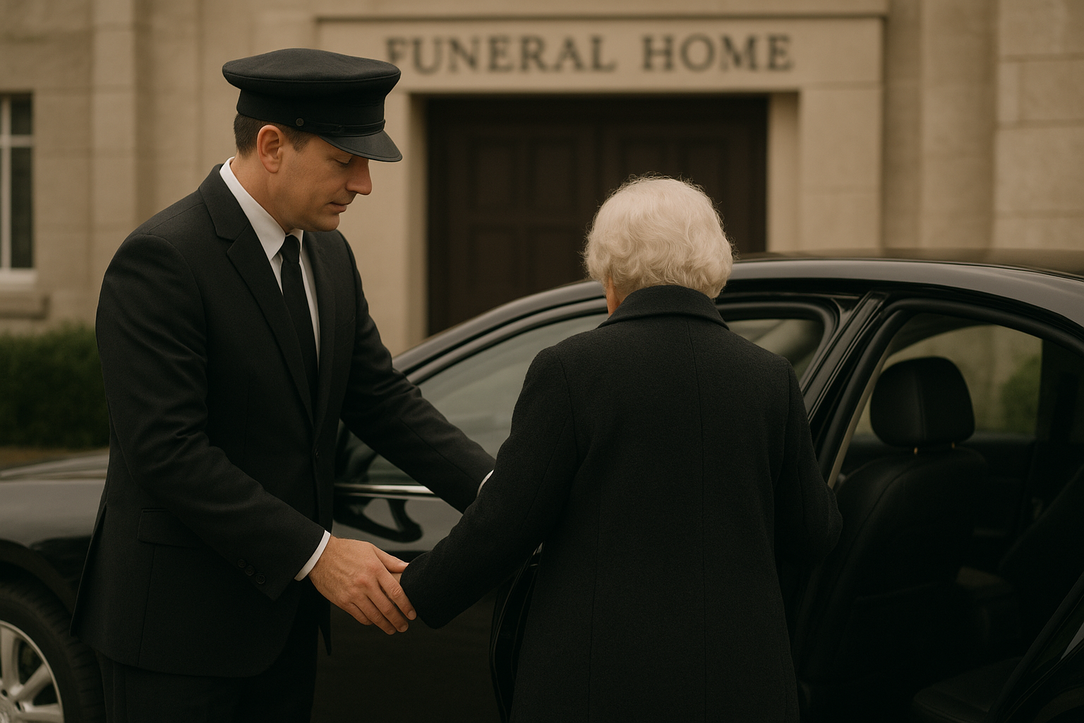 Chauffeur assisting family member into funeral car during a Long Beach service