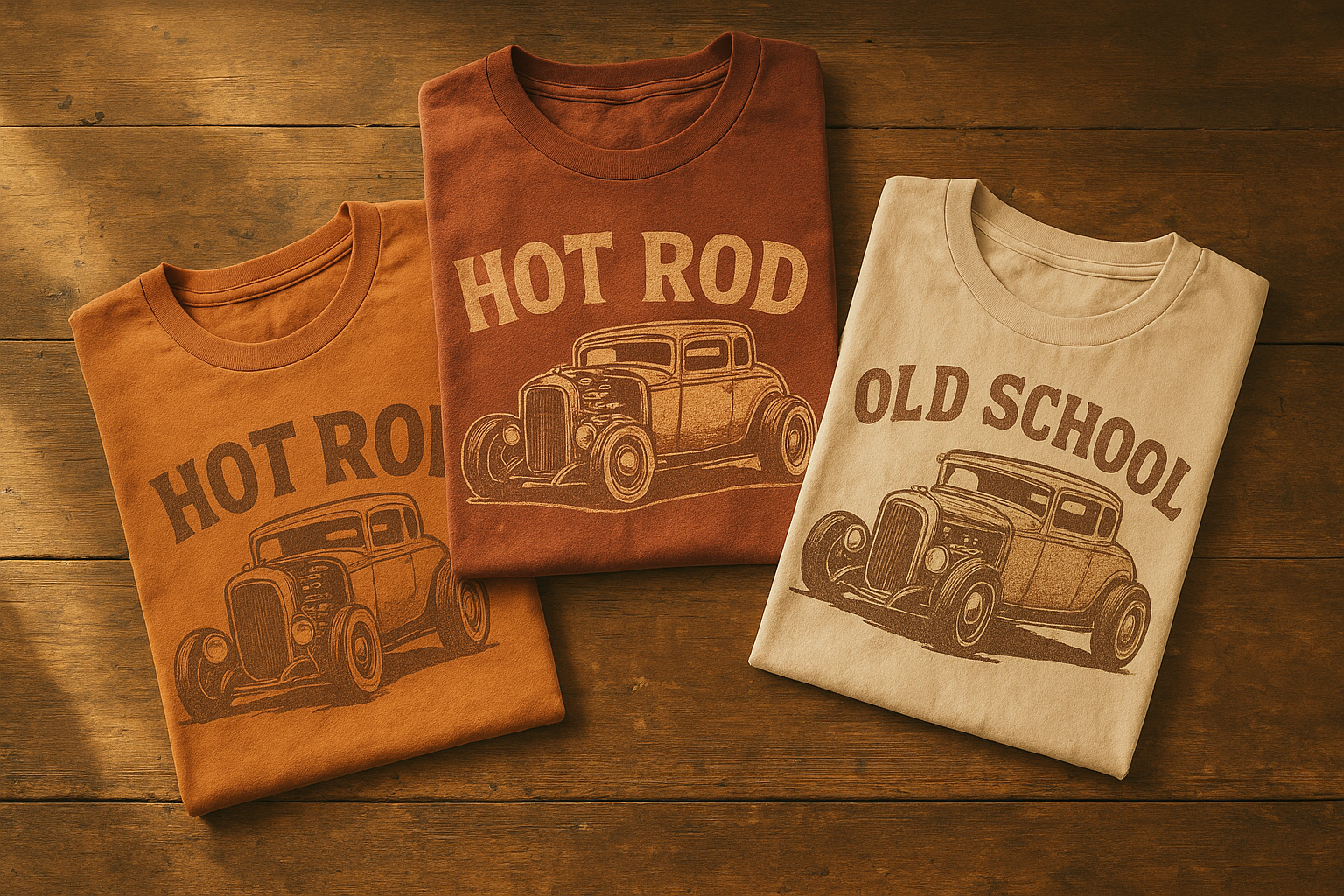 Folded vintage inspired apparel tees with retro hot rod graphics on a wooden table