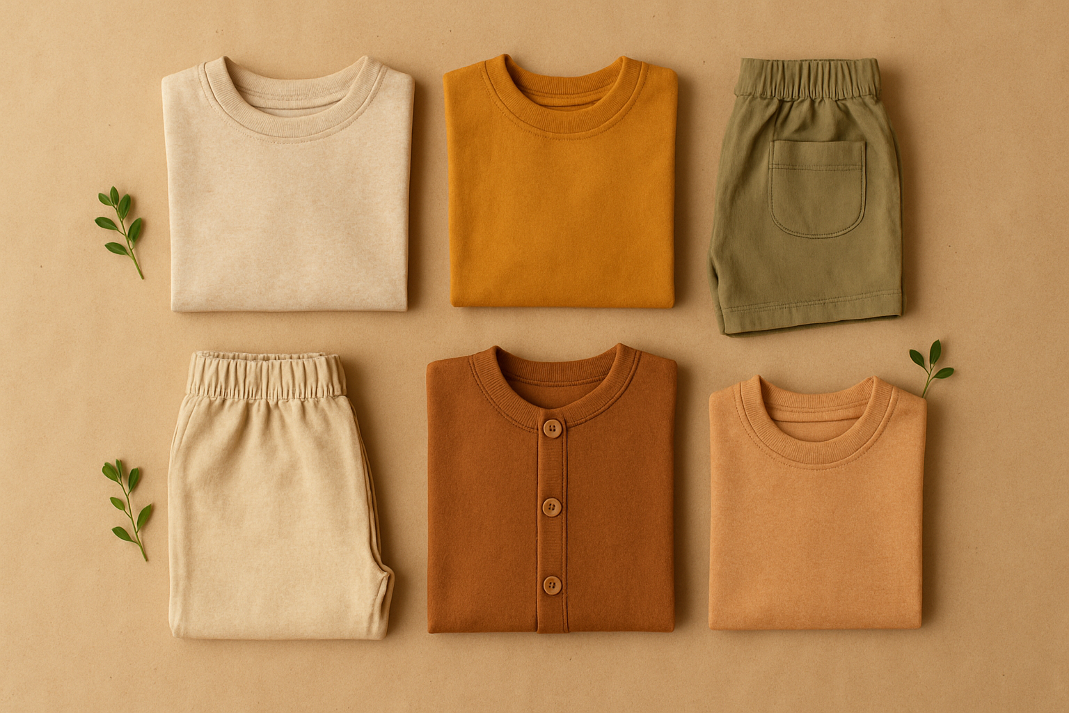 Eco-friendly children's clothing items arranged to represent sustainable kids fashion subscription rental model