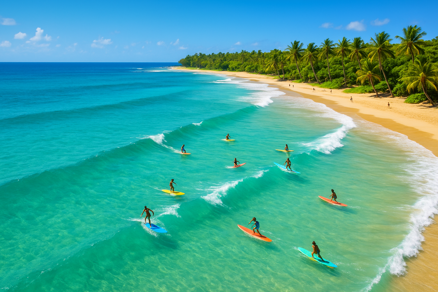 Aerial view of surfers riding gentle waves at a tropical Honolulu beach during a group surf lesson