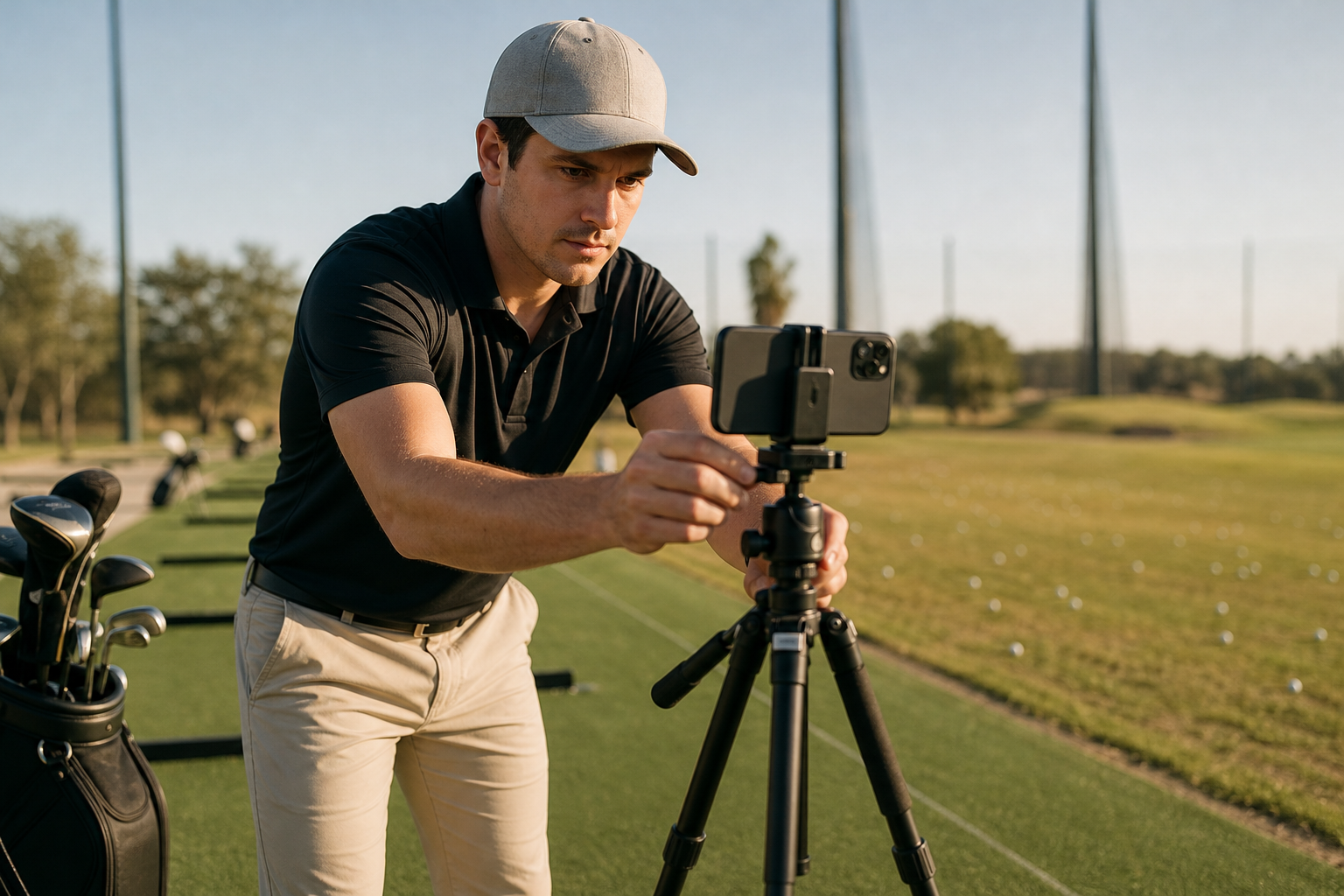 Golfer setting up a phone tripod for remote golf swing improvement video analysis