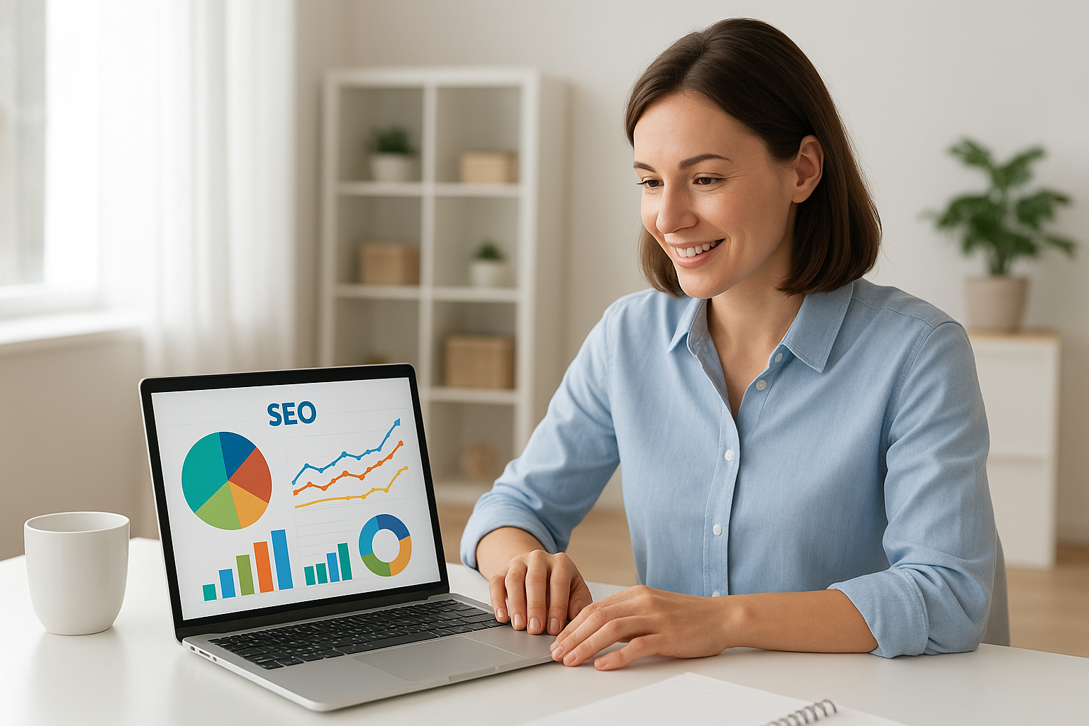 Small business owner reviewing small business AI SEO tools dashboard on a laptop