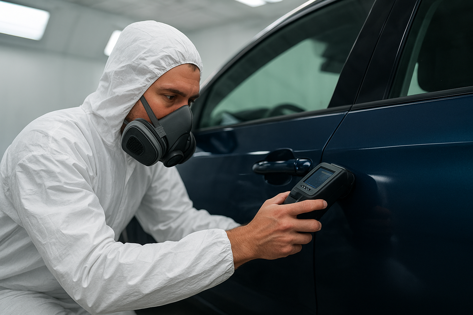 Automotive technician using spectrophotometer for metallic paint color matching in a body shop