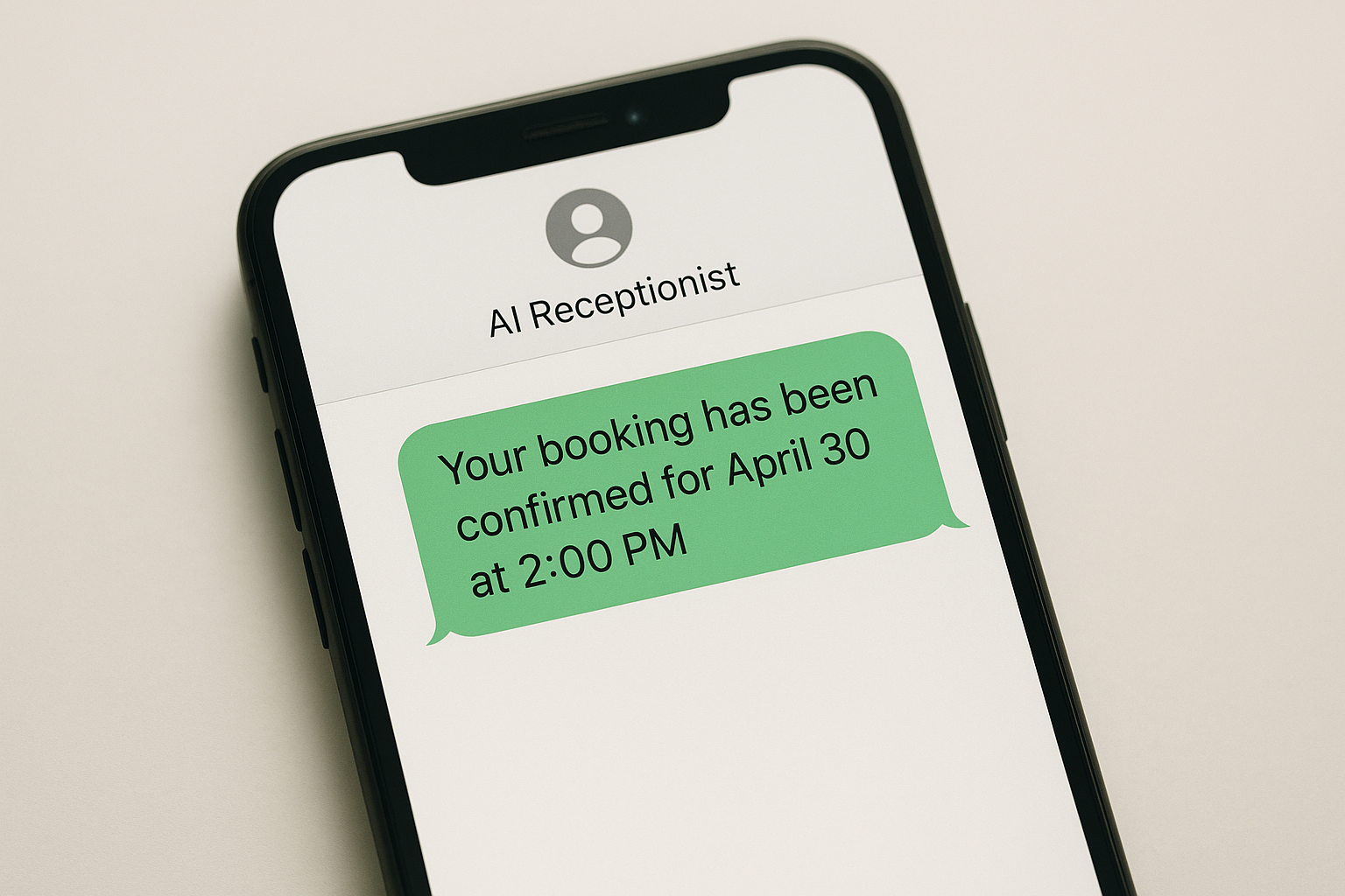 Smartphone showing an automatic booking confirmation text after an AI receptionist answers a call