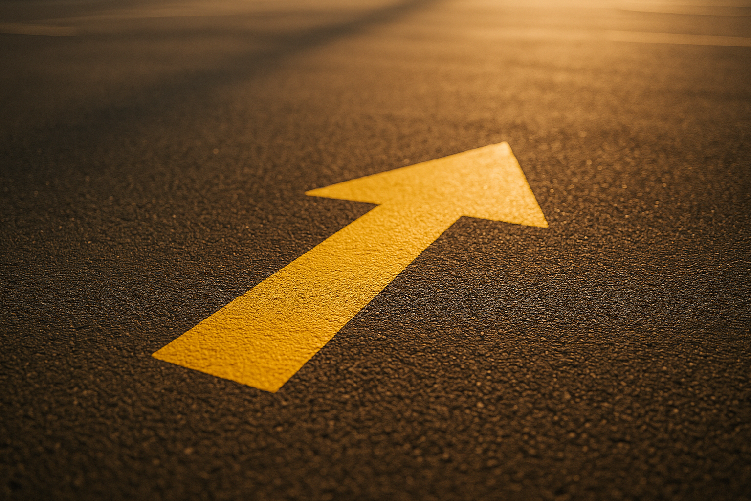 Close-up of a yellow directional arrow painted on parking lot pavement