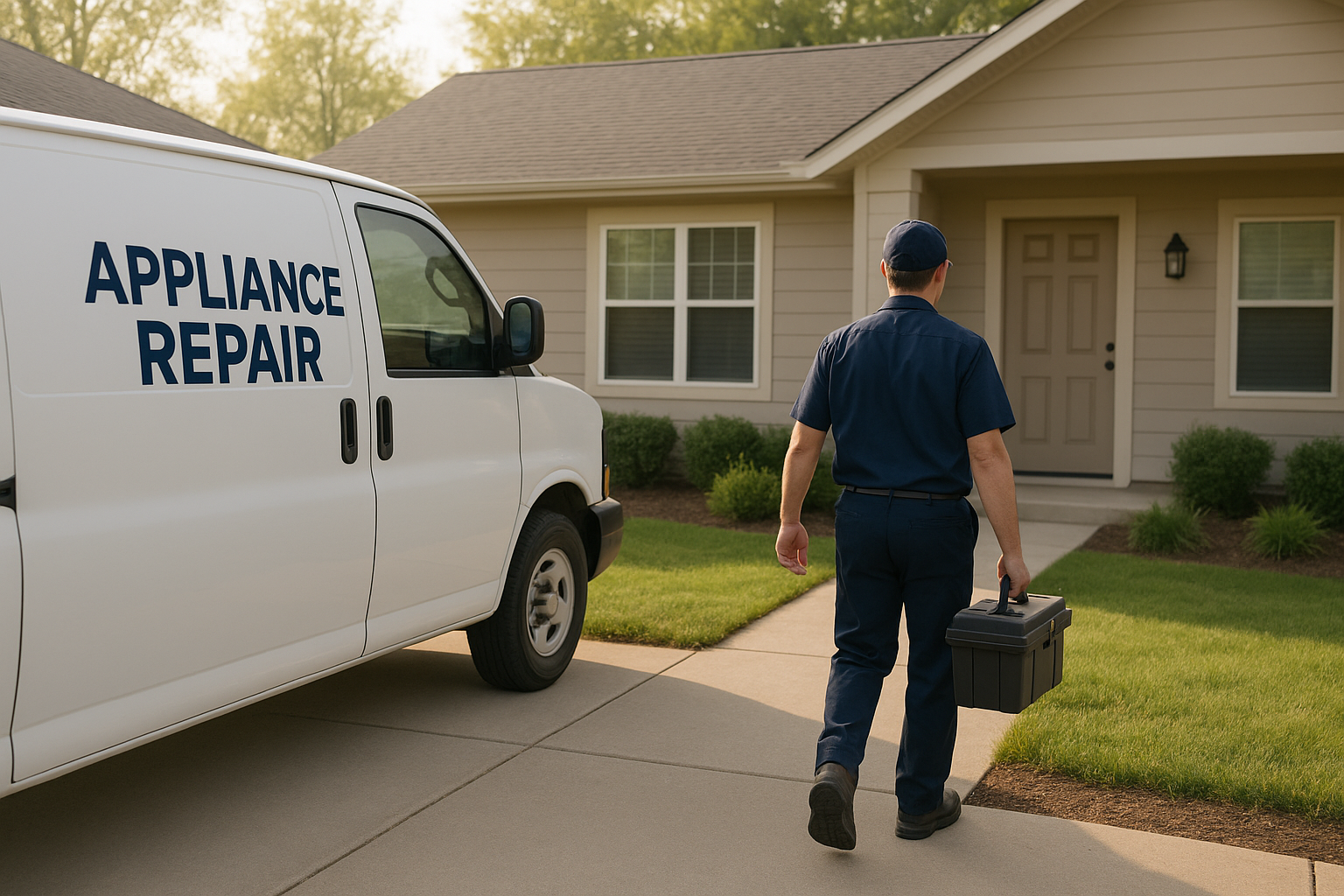 Repair van and technician arriving for a scheduled home appliance service call