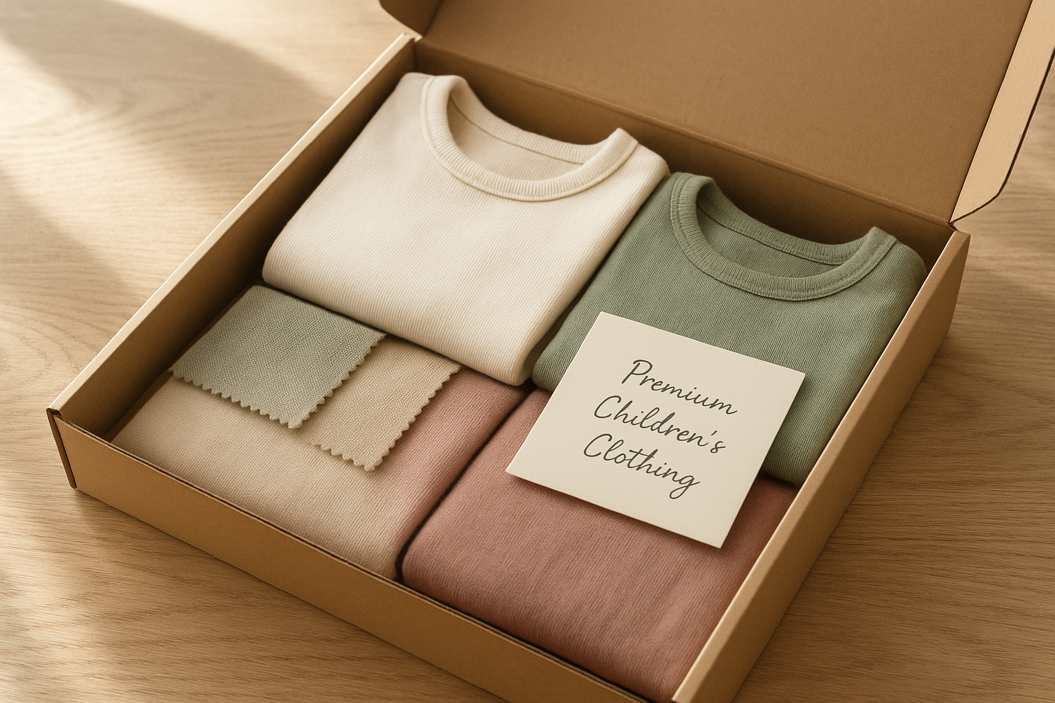 Open high-end kids clothing subscription box with premium folded children's outfits in neutral tones