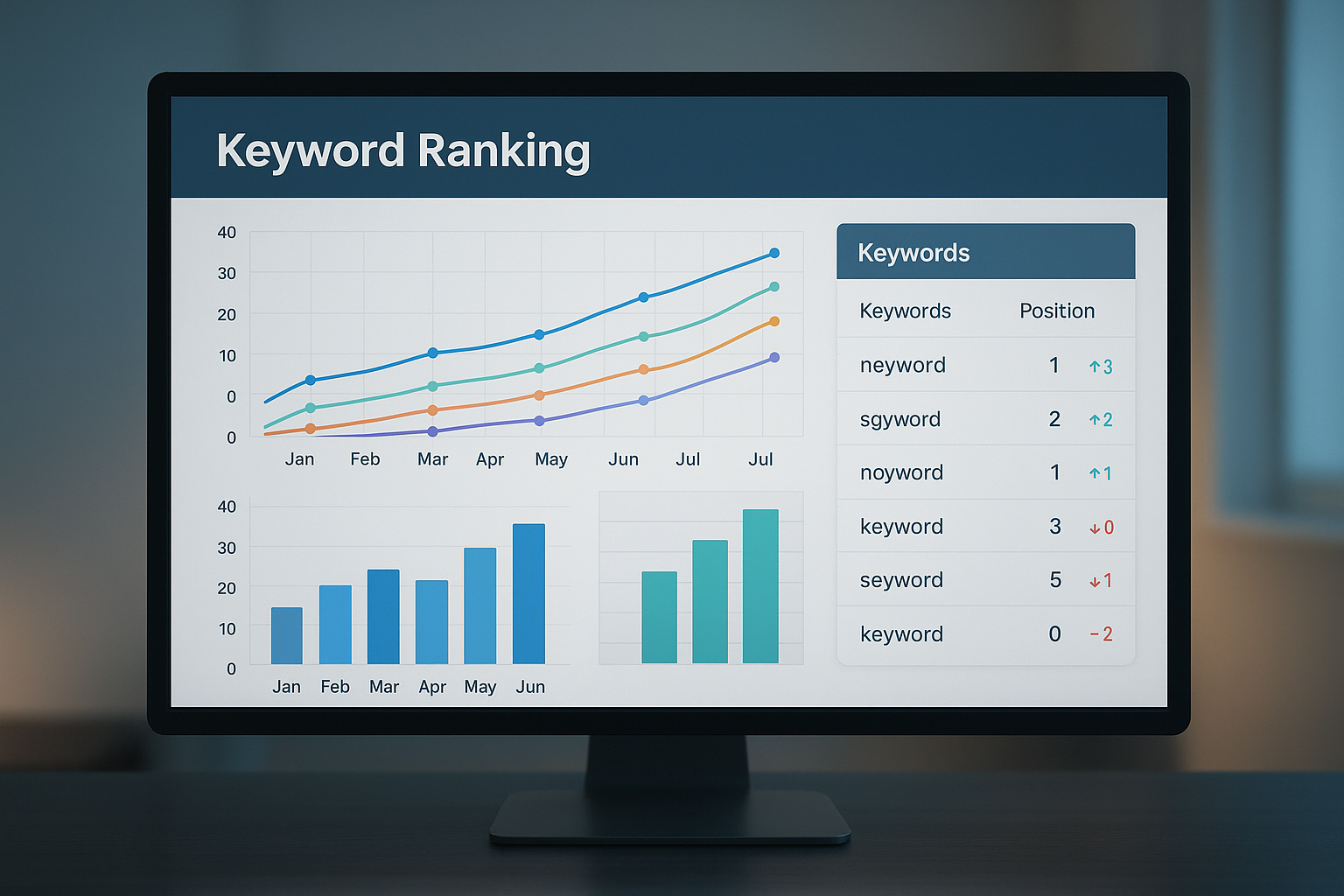 AI rank checker dashboard displaying keyword position trends and SERP analytics