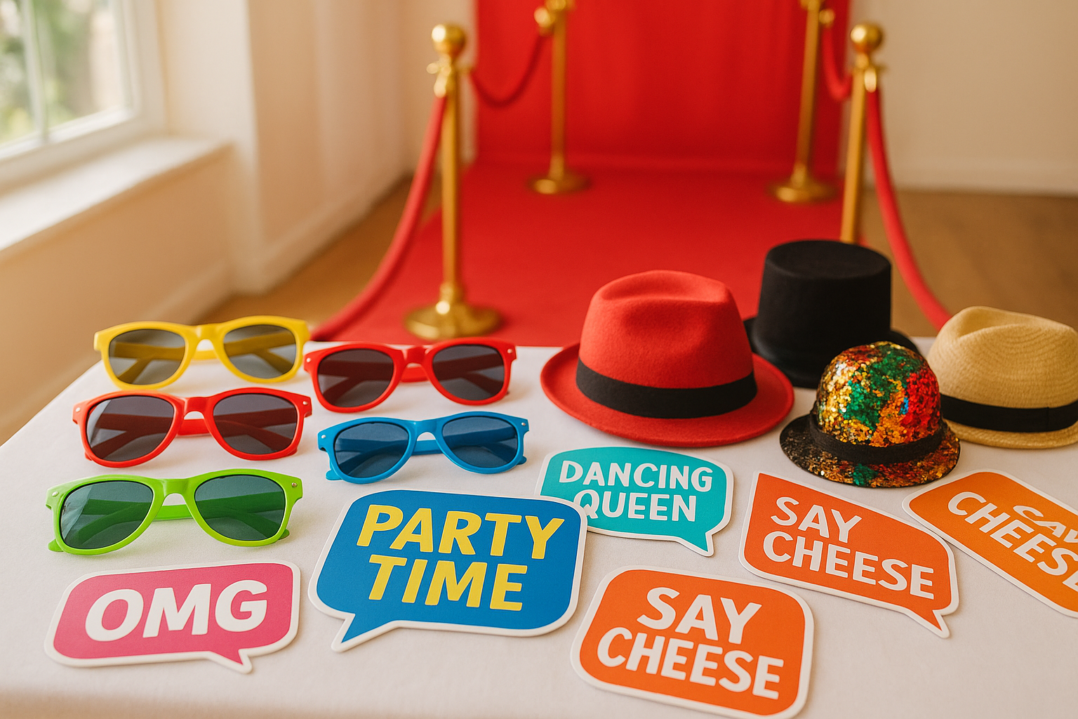 Prop table and red carpet backdrop add-ons available for a Newburgh Indiana photo booth setup