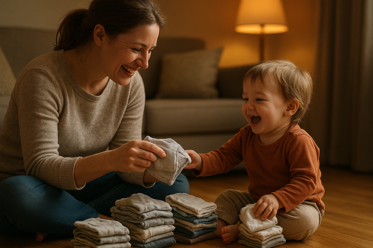 Parent and child sorting through a children's clothing subscription delivery together at home
