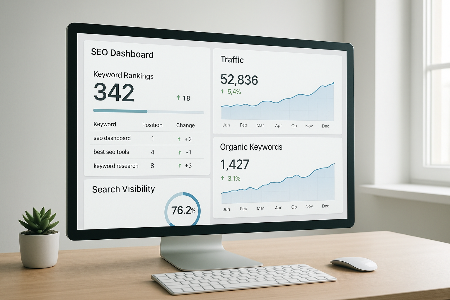 Google SEO tools dashboard showing keyword rankings and organic traffic metrics